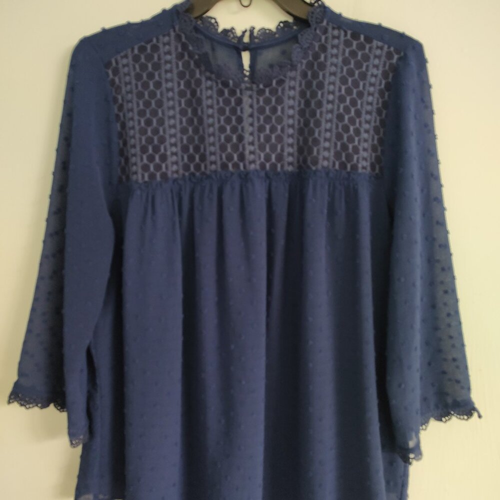 New Women's Adrianna Papell Navy 3/4 Sleeve Swiss Dot w/Lace Blouse Size L